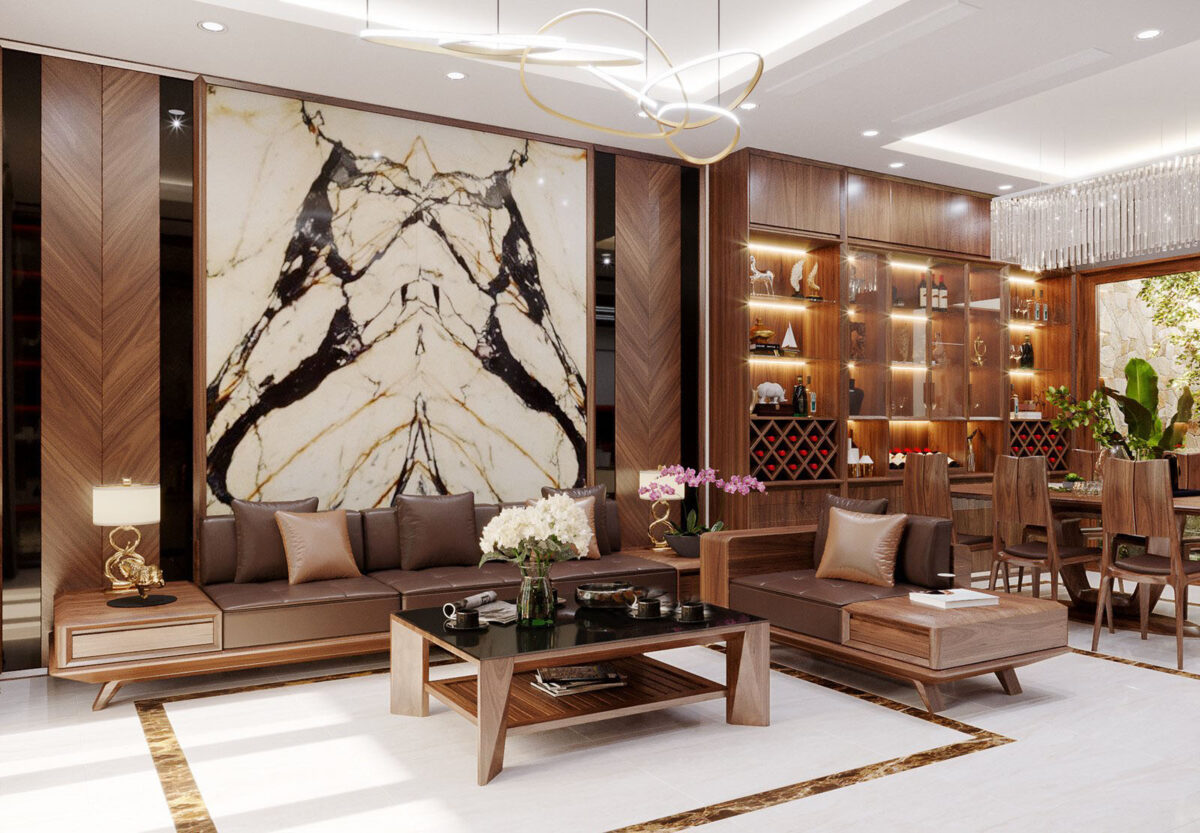 Thiết kế nội thất phòng khách theo phong cách hiện đại với nội thất bằng gỗ tự nhiên sang trọng