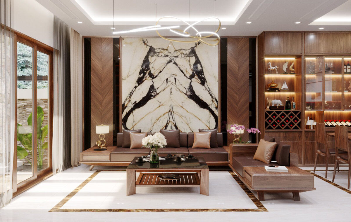 Thiết kế nội thất phòng khách với chất liệu gỗ tự nhiên sang trọng