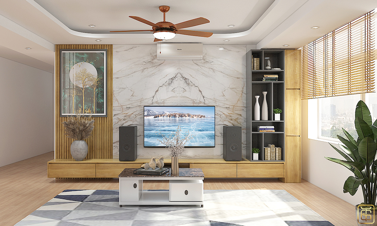 Kệ tivi phong cách hiện đại kết hợp cùng gỗ sồi Mỹ mang lại màu sắc trang nhã cho toàn bộ căn phòng