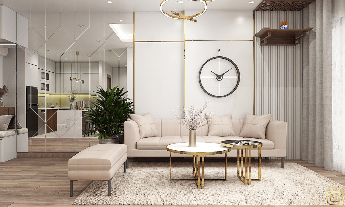 Không gian phòng khách với tông màu trắng chủ đạo kết hợp các đồ nội thất được thiết kế đơn giản giúp tạo nên sự thanh thoát và thoải mái cho toàn bộ không gian