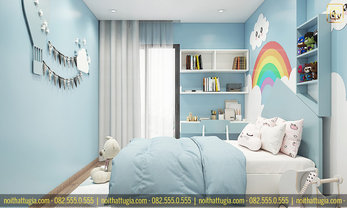 Không gian phòng ngủ cho bé gái được bày trí đồ nội thất đang yêu với tone màu xanh dương nhạt