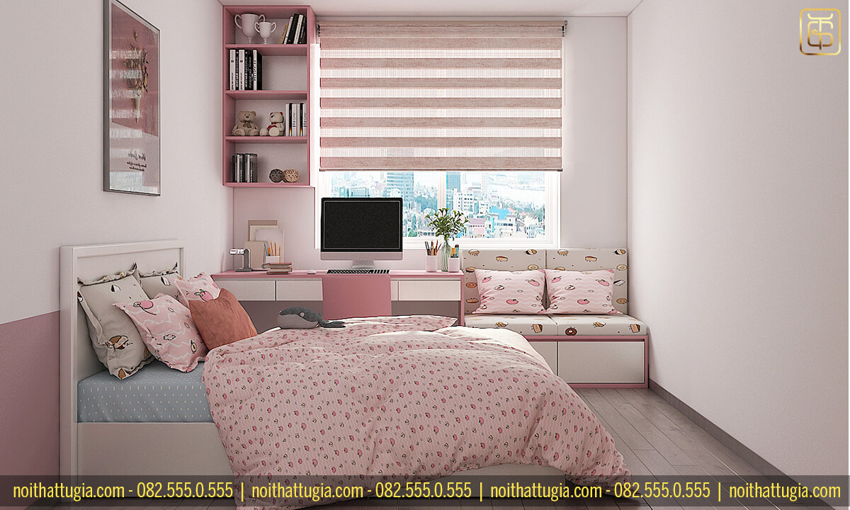 Không gian phòng ngủ cho bé gái vô cùng đáng yêu với tone màu hồng chấm bi