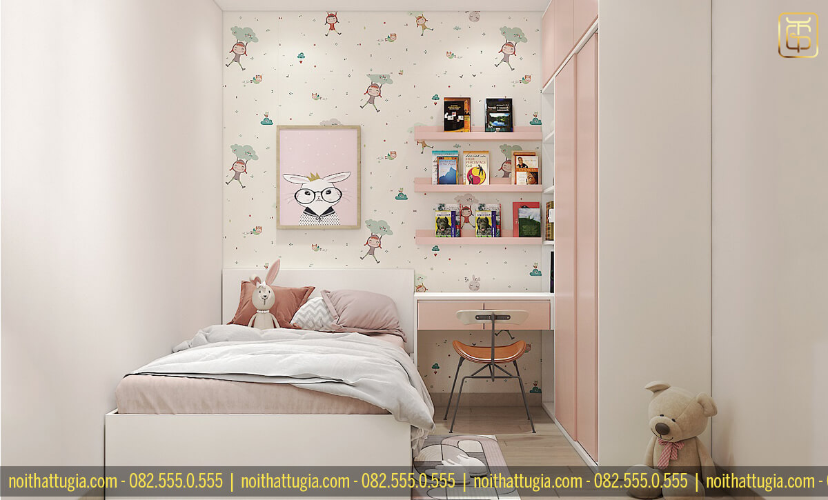 Không gian phòng ngủ cho bé gái với tông màu hồng chủ đạo kết hợp cùng các chi tiết trang trí
