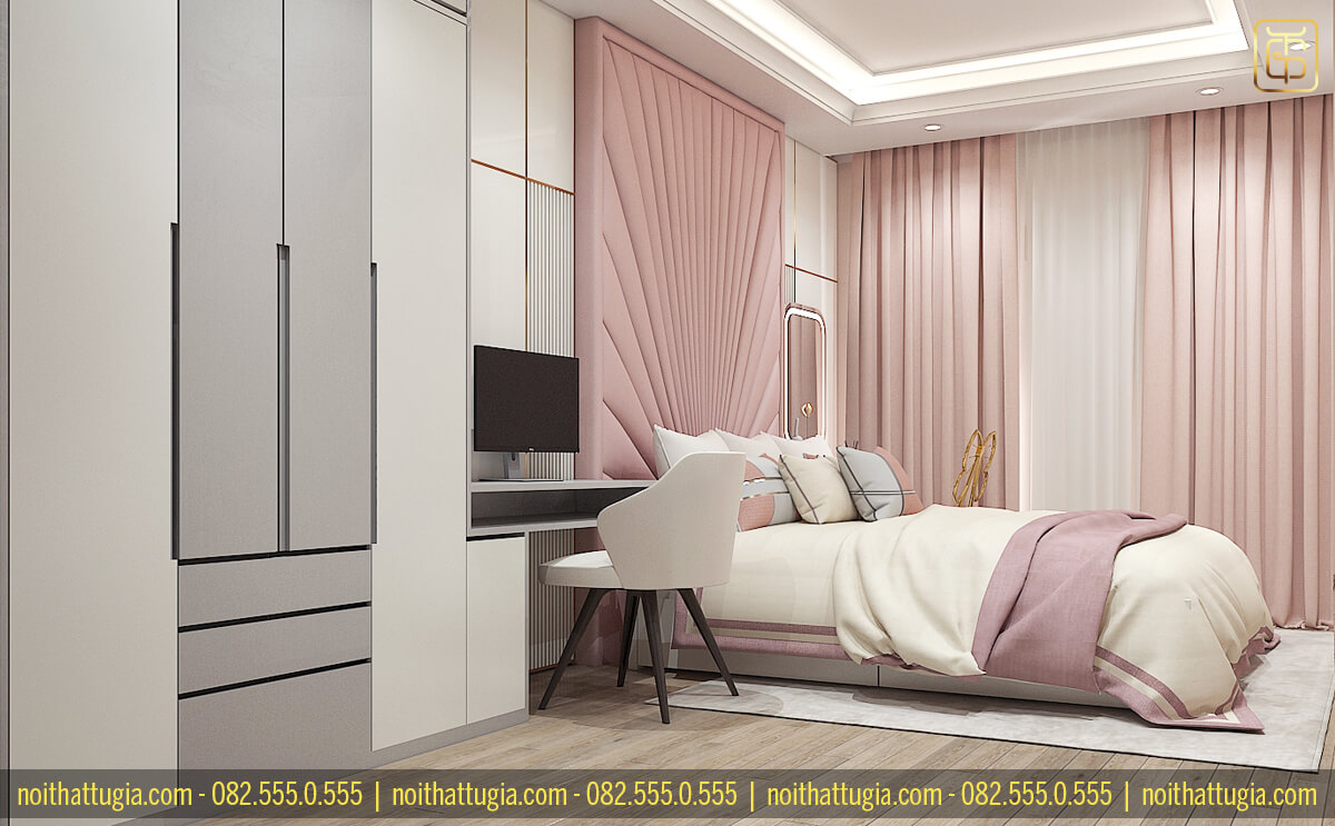 Không gian phòng ngủ cực kì đáng yêu với rèm của và vách ốp tường trang trí màu hồng