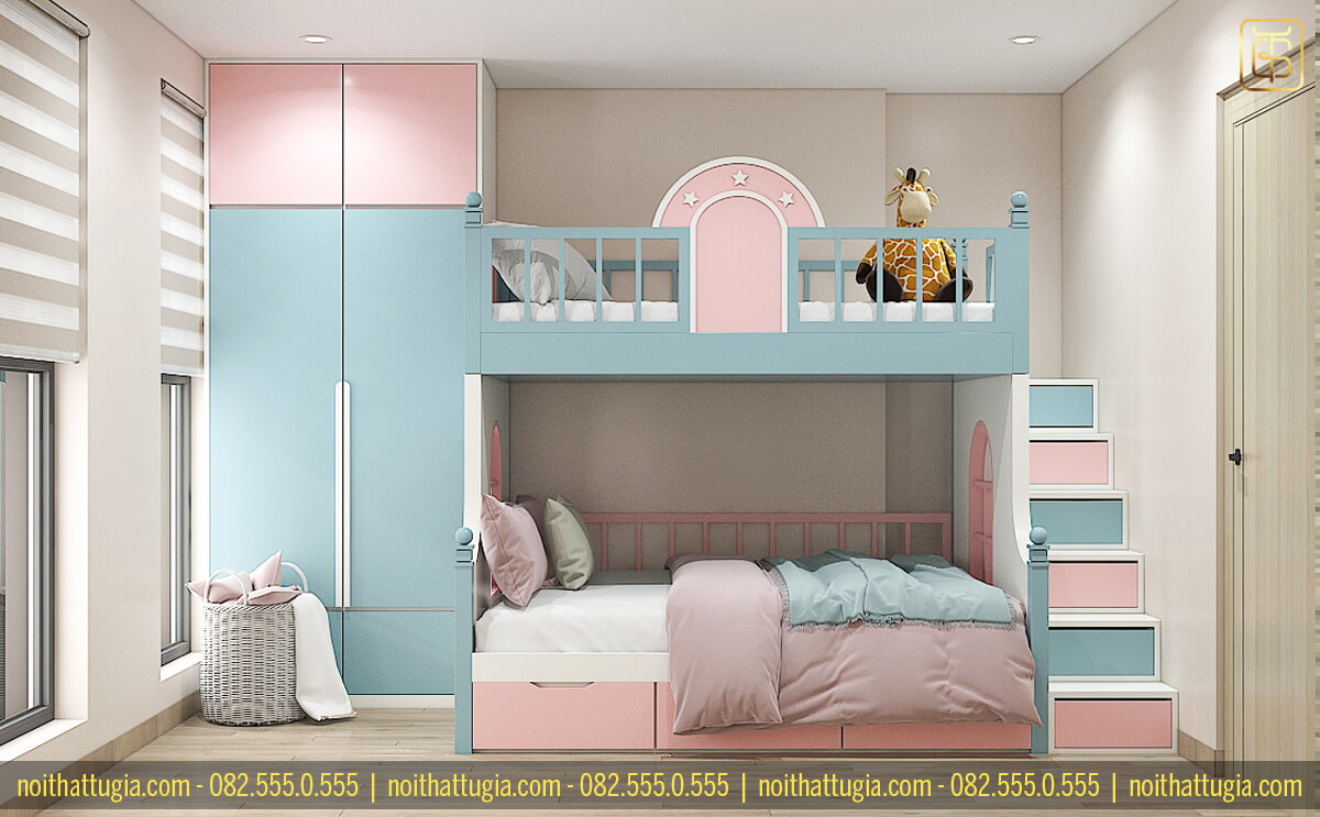 Phòng ngủ cho 2 bé gái với tone màu hồng và xanh dương đáng yêu
