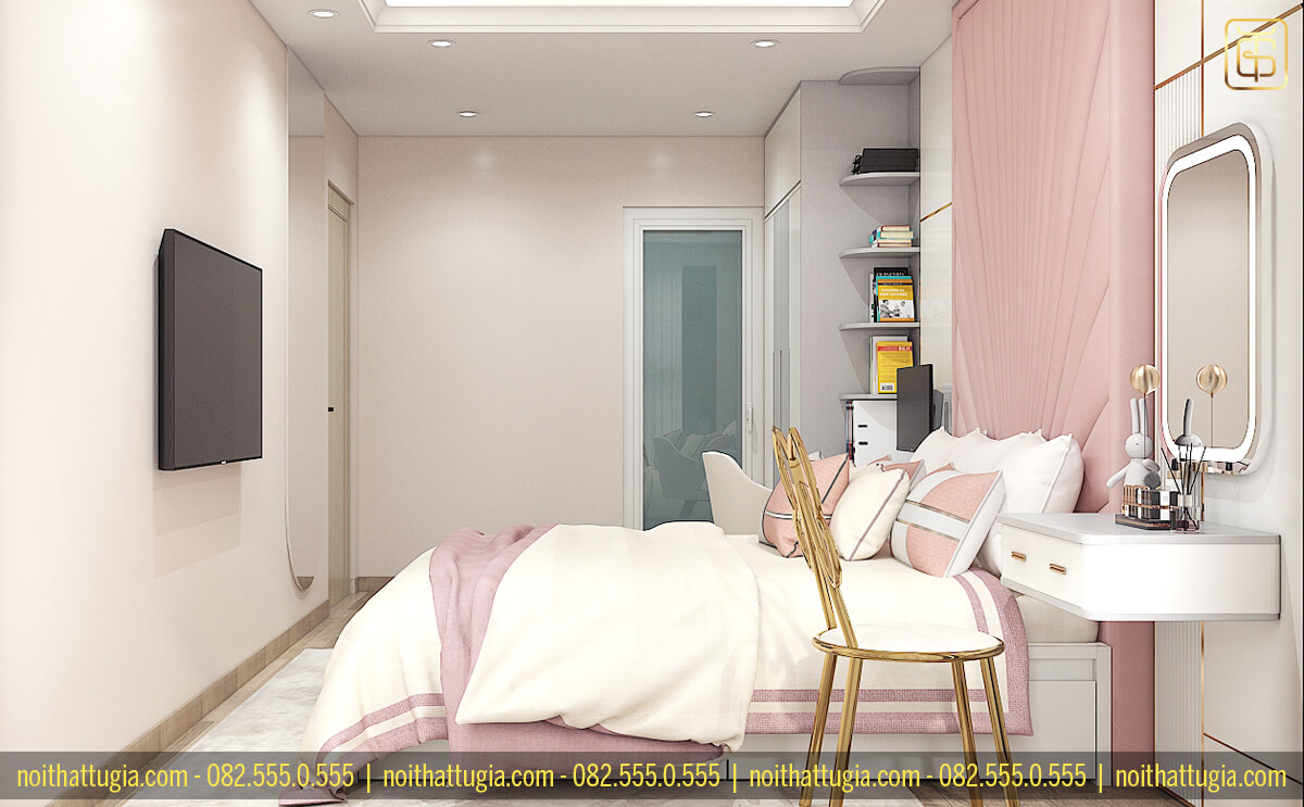 Phòng ngủ cho bé gái với tone màu hồng nhạt chủ đạo vô cùng đáng yêu và đẹp mắt