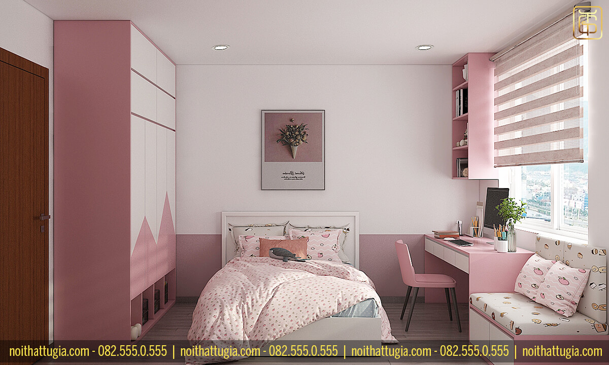 Phòng ngủ màu hồng cho bé gái cực kì đáng yêu với tủ quần áo, bàn học, kệ trang trí được sơn màu hồng