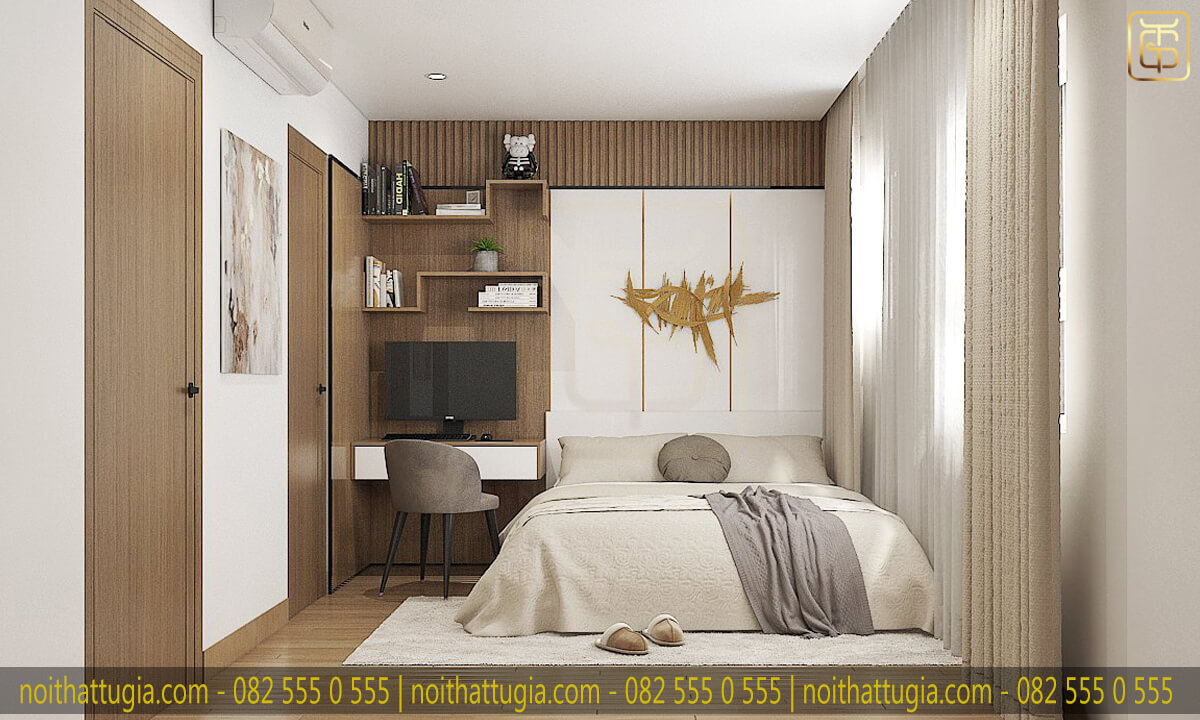 Thết kế nội thất chung cư 100m2 với phòng ngủ master được thế kế sang trọng với giường ngủ và bàn làm việc đặt cạnh nhau