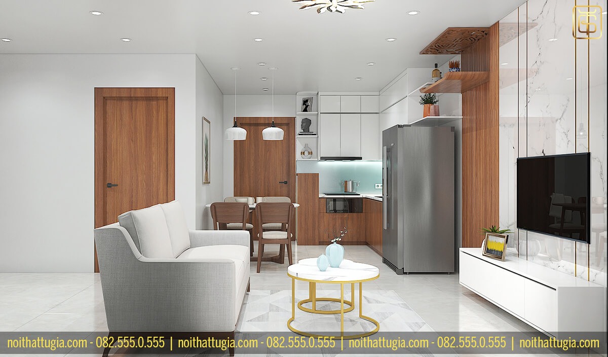 Thiết kế nội thất chung cư 2 phòng ngủ với phòng khách được thiết kế bằng gỗ công nghiệp vô cùng sang trọng