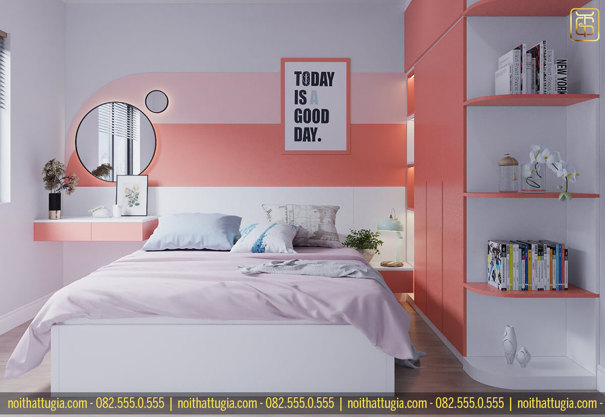 Thiết kế nội thất phòng ngủ cho nữ với tone màu hông cam độc đáo