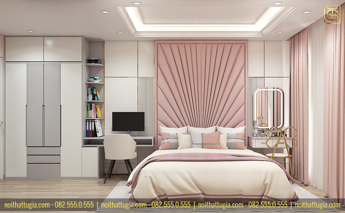 Thiết kế nội thất phòng ngủ màu hồng cho nữ cực kì đáng yêu với vách ốp tường cỡ lớn ở phía sau giường