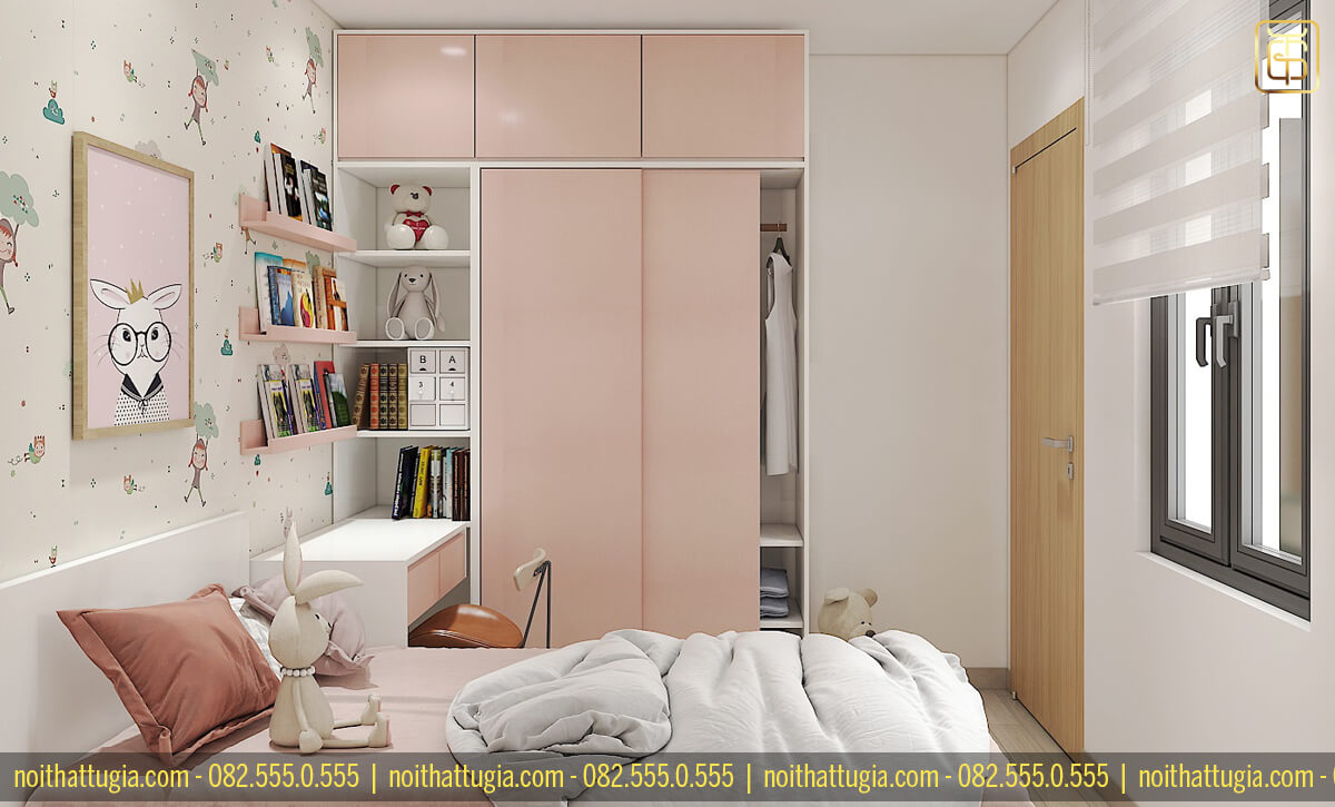 Thiết kế phòng ngủ trẻ em gái với tủ quần áo và các đồ nội thất được sơn màu hồng vô cùng đáng yêu