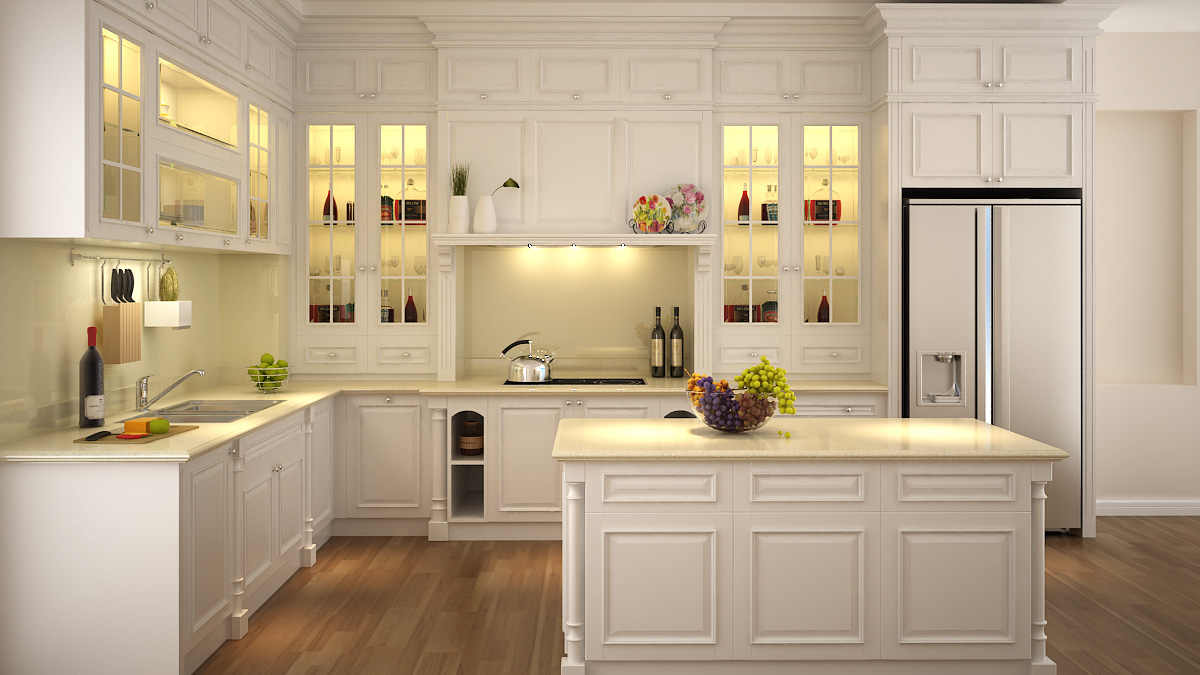 Mẫu tủ bếp đẹp hiện đại với tông màu chủ đạo là trắng ngà