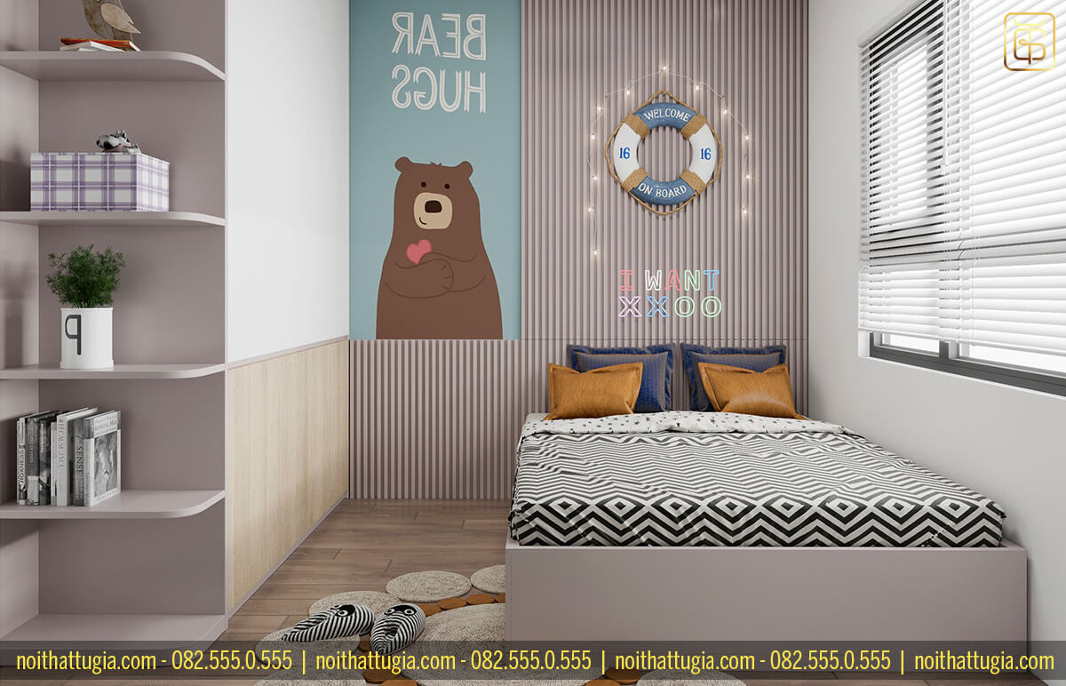 Thiết kế nội thất phòng ngủ cho bé gái với vách ốp tường trang trí kèm các đồ decor vô cùng đẹp mắt