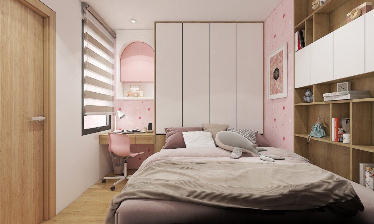 Không gian phòng ngủ của bé gái được tối giản đồ nội thất với giường ngủ, bàn học, kệ sách, giúp không gian trở nên nhẹ nhàng và thông thoáng hơn