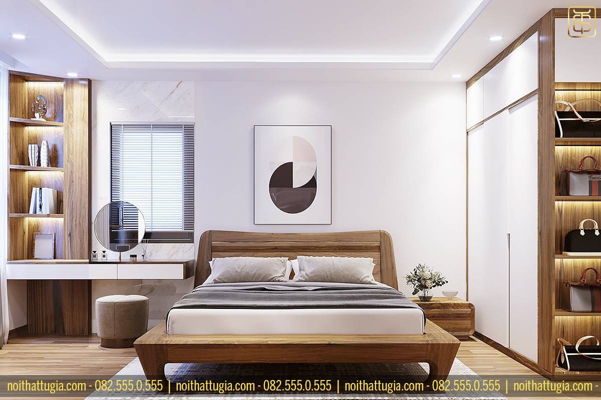 Thiết kế nội thất phòng ngủ cực kì và sang trọng và đẳng cấp với chất liệu gỗ tự nhiên