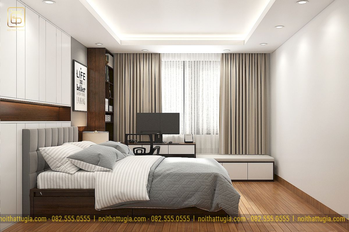 Không gian phòng ngủ tiện nghi sử dụng chất liệu gỗ công nghiệp tông màu sáng mang lại không gian nghỉ ngơi ấn tượng nhất