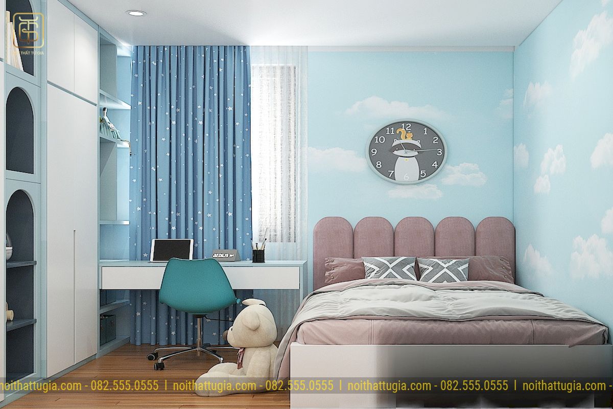 Thiết kế nội thất phòng ngủ của bé được trang bị đầy đủ nội thất cần thiết với không gian ở đón trọn nguồn ánh sáng tự nhiên