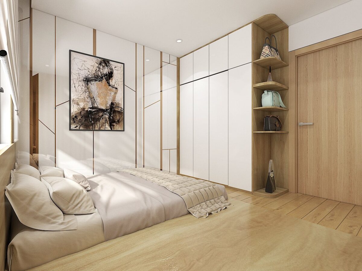 Thiết kế nội thất phòng ngủ khá đơn giản với giường ngủ và tủ quần áo kịch trần