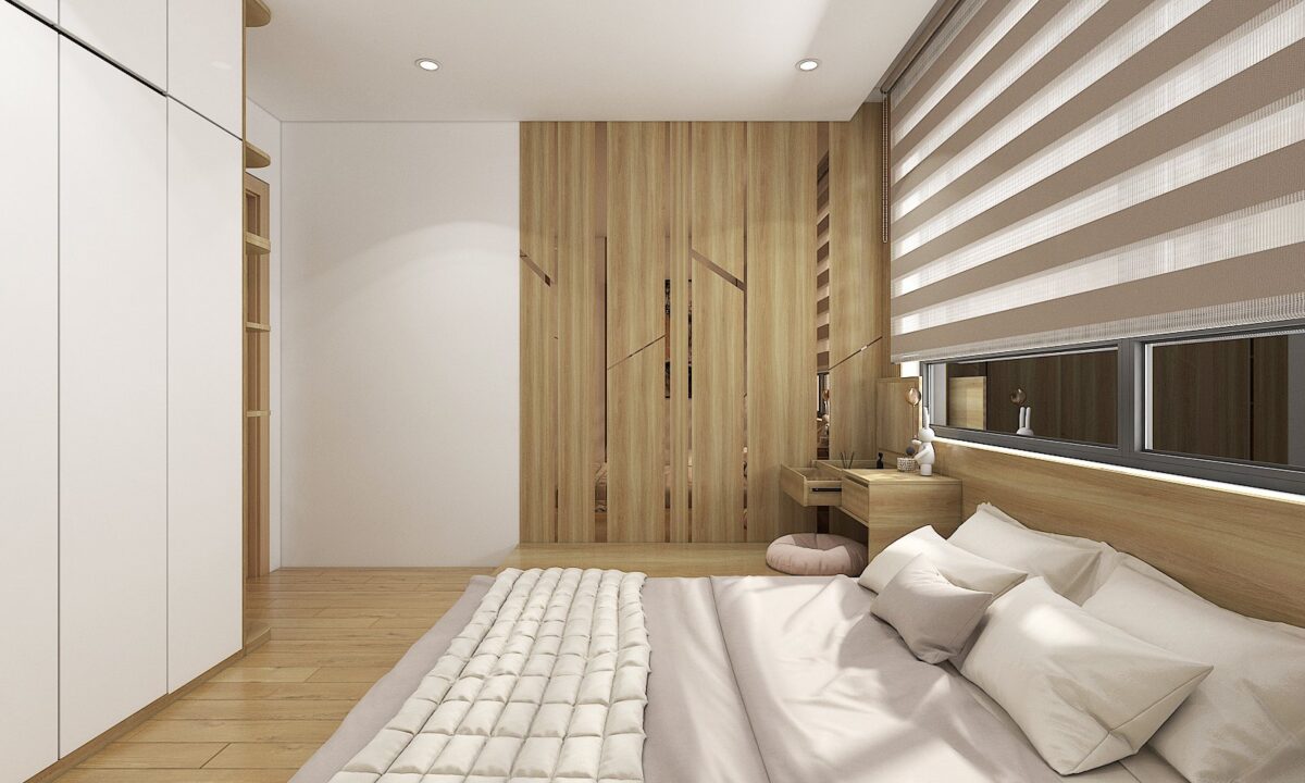 Thiết kế nội thất phòng ngủ với vách ốp tường bằng gỗ giúp không gian có điểm nhấn hơn