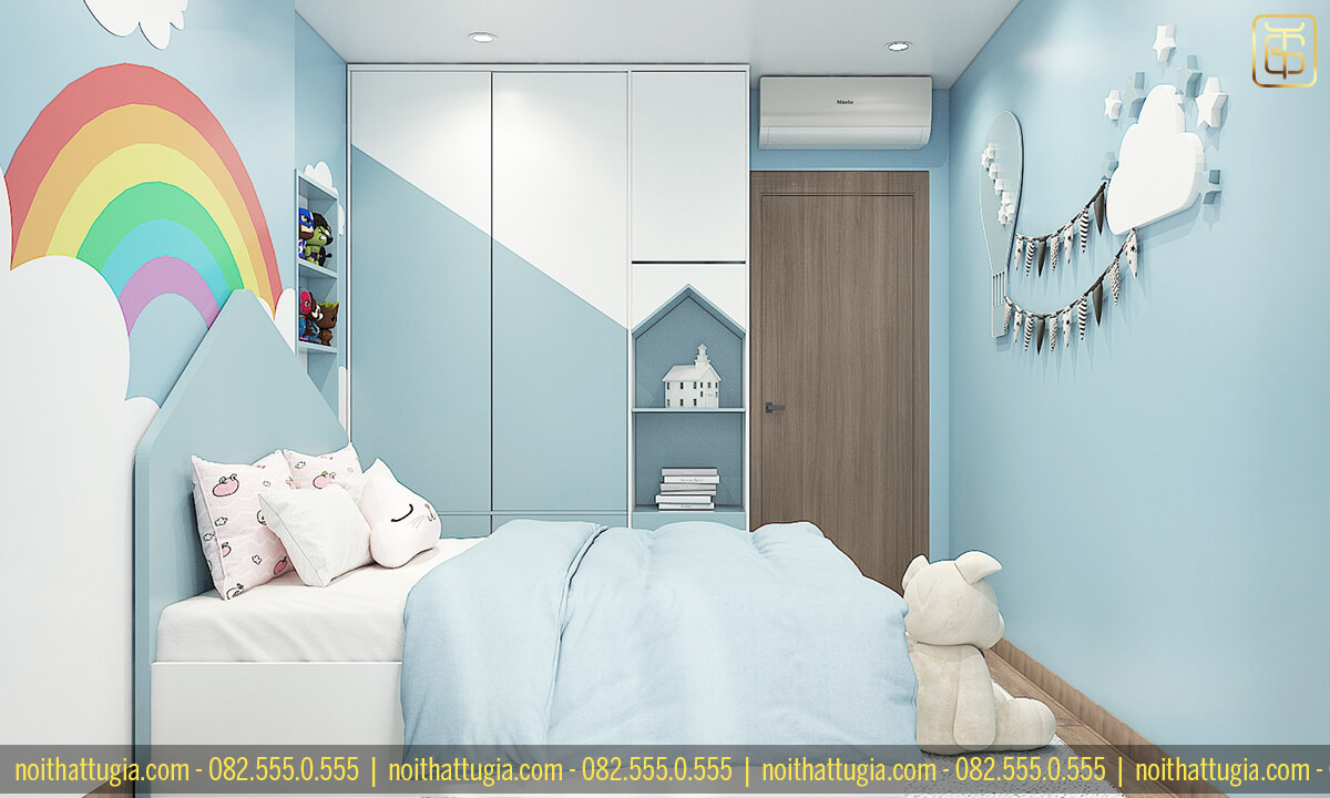 Thiết kế nội thất phòng ngủ bé gái 6 tuổi với tone màu xanh dương kèm các họa tiết trang trí đáng yêu