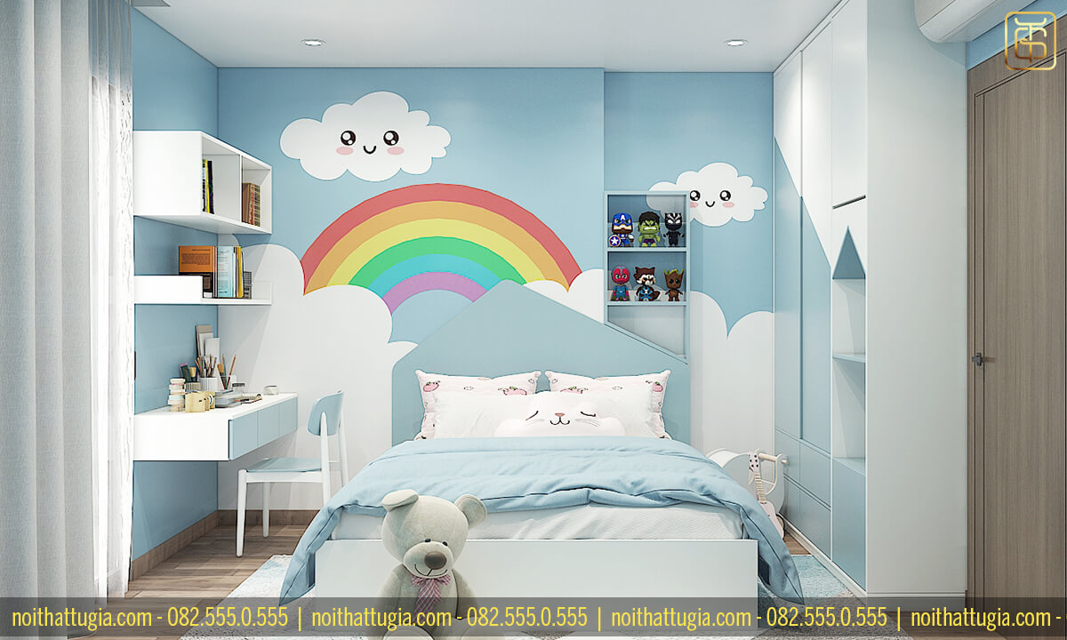 Thiết kế phòng ngủ cho bé gái với tone màu xanh dương đáng yêu cùng các đồ decor đáng yêu