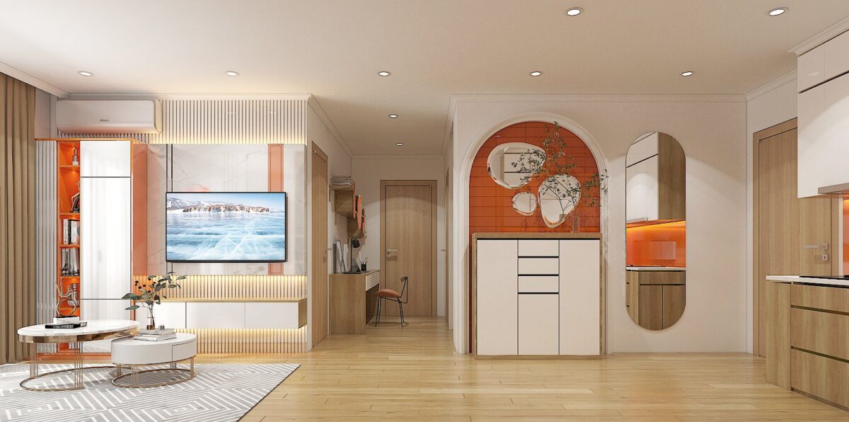 Thiết kế nội thất theo phong cách đơn giản với đồ nội thất cũng được tinh gọn đi nhiều, không gian phòng bếp chỉ sử dụng các vật liệu cơ bản