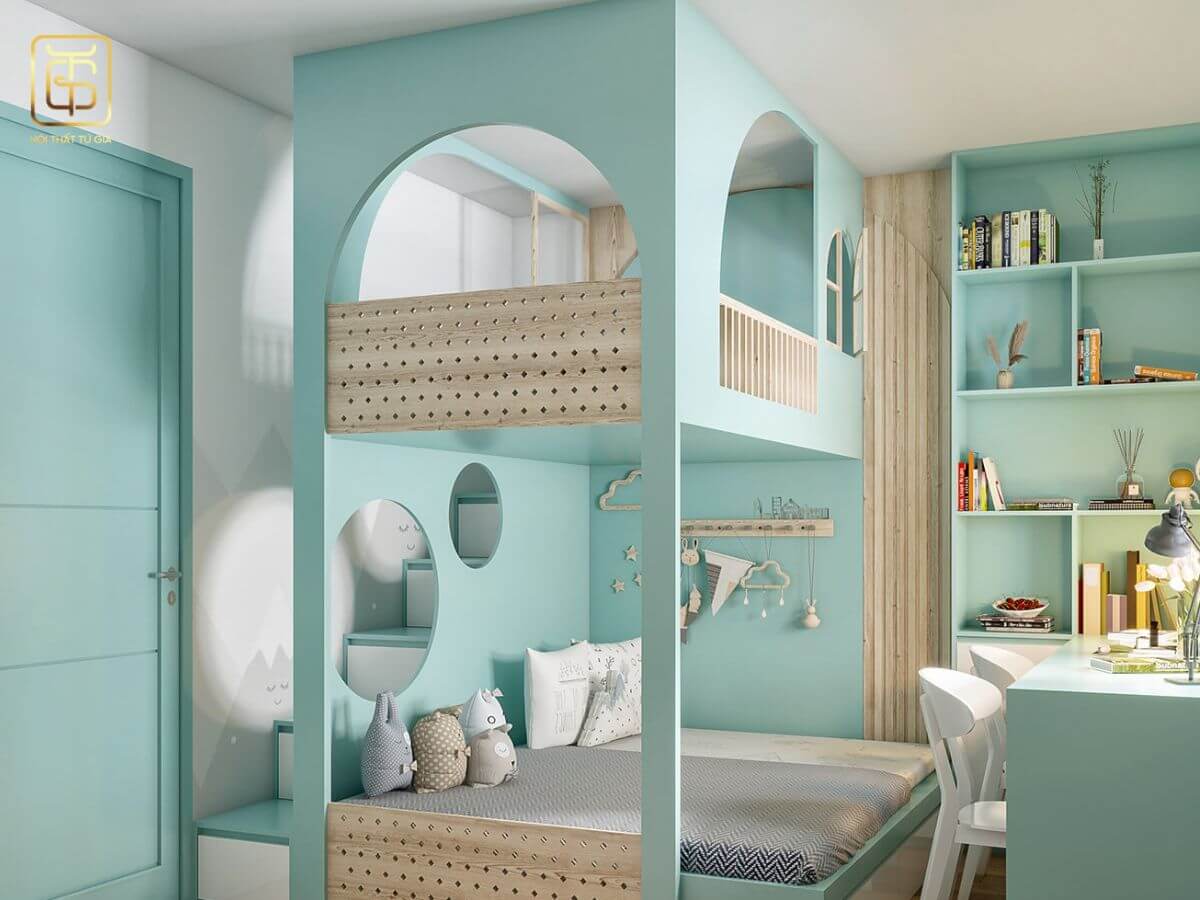 Thiết kế phòng ngủ con gái với bàn học kết hợp cùng kệ treo tường có tính thẩm mỹ cao