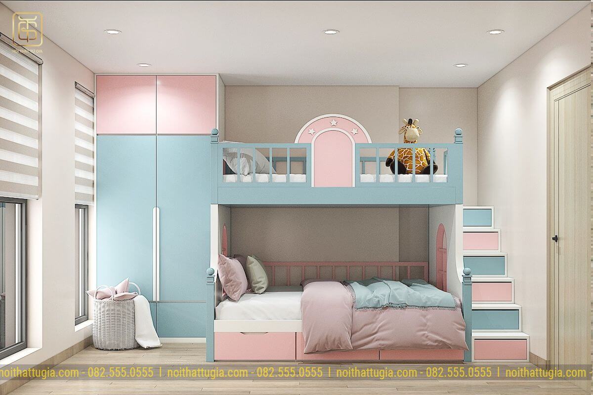 Không gian phòng ngủ của bé gái với view cửa kình rộng vô cùng sang trọng