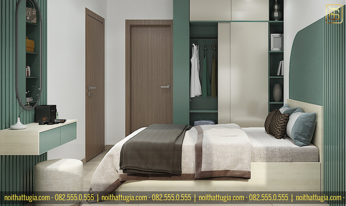 Phòng ngủ căn hộ chung cư 65m2 theo phong cách hiện đại với đồ nội thất thông minh, tiện nghi