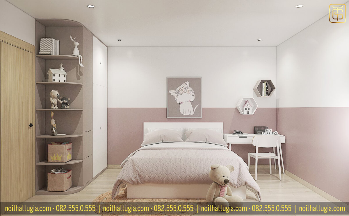 Đối với phòng ngủ cho bé gái thì tông màu hồng được xem là tông màu phổ biến và được hầu hết các bé yêu thích