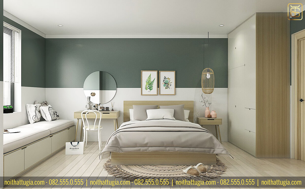 Thiết kế nội thất với tông màu trắng kết hợp vân gỗ tông màu sáng giúp không gian căn hộ trở nên mềm mại nhẹ nhàng và tinh tế hơn