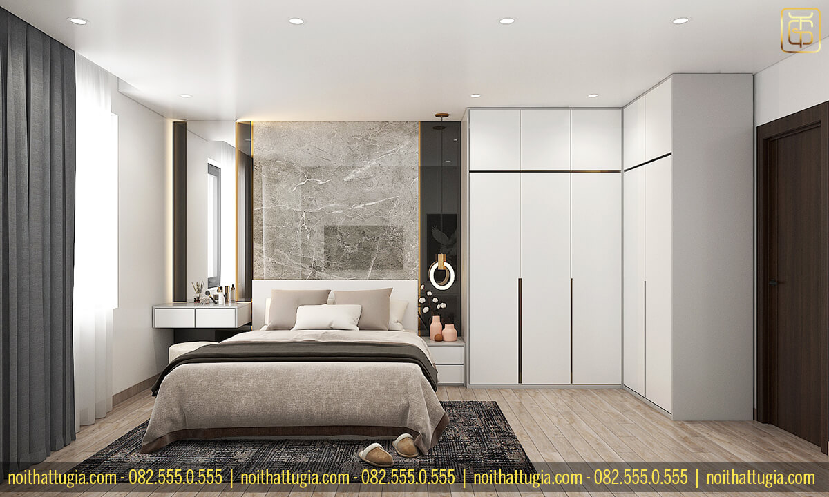 Thiết kế nội thất không gian phòng ngủ được tạo điểm nhấn với vách đá ốp tường kết hợp cùng tủ quần áo kịch trần