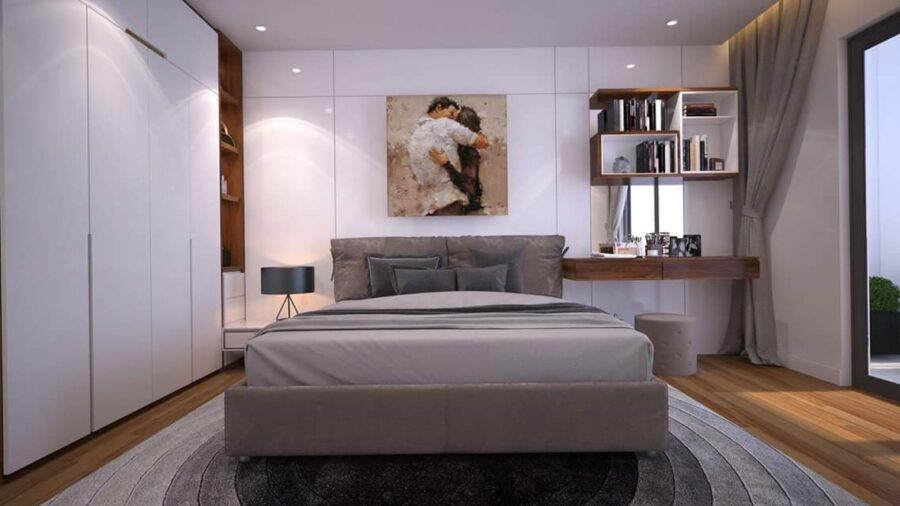 Thiết kế nội thất căn hộ chung cư 82m2 với không gian phòng ngủ được thiết kế với tone màu trầm và nhẹ nhàng