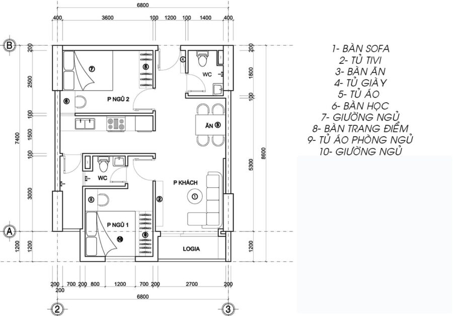 Bản vẽ thiết kế nội thất chung cư 3 phòng ngủ diện tích 85m2