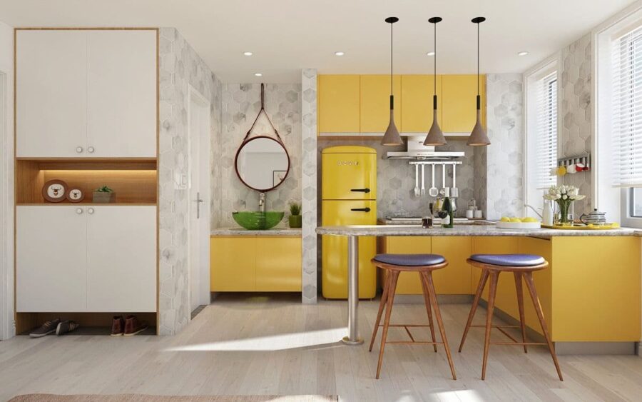 Thiết kế nội thất căn hộ 88m2 với phòng bếp có đầy đủ dụng cụ nấu ăn