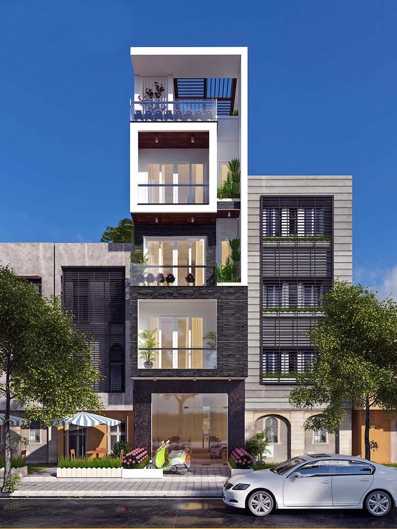 Mẫu nhà phố 5 tầng được thiết kế thêm 1 tum sẽ giúp mở rộng diện tích sinh hoạt
