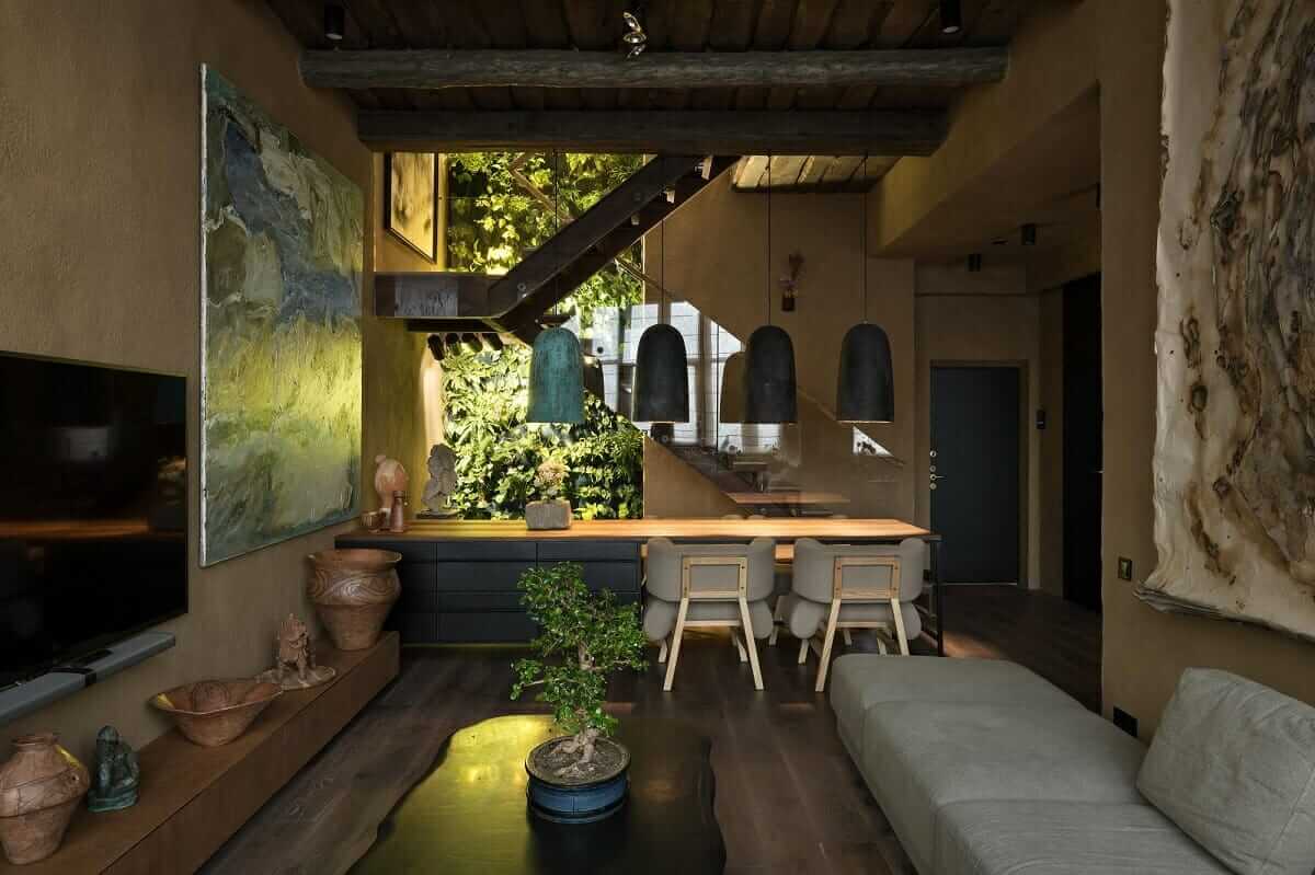 Thiết kế nội thất phòng khách gần gũi với thiên nhiên