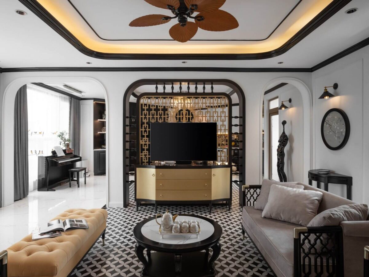 nội thất phòng khách biệt thự theo xu hướng cổ điển của châu Á