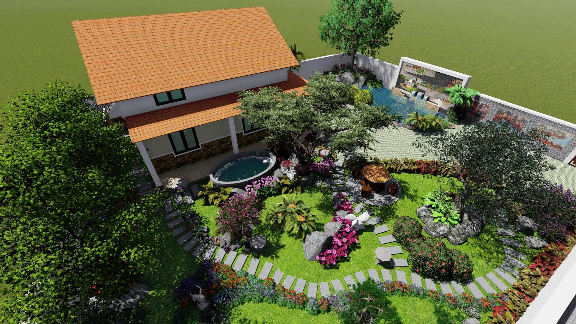 Thiết kế nhà cấp 4 sân vườn giúp các thành viên nhí có không gian vui chơi ngoài trời ngay tại nhà