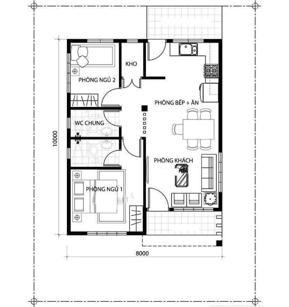 Bản vẽ thiết kế nhà 1 tầng 2 phòng ngủ đơn giản nhất