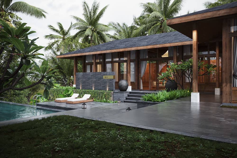 Mẫu nhà 1 tầng mái Thái hiện đại kết hợp bể bơi giúp tăng thêm không gian xanh mát tự nhiên 