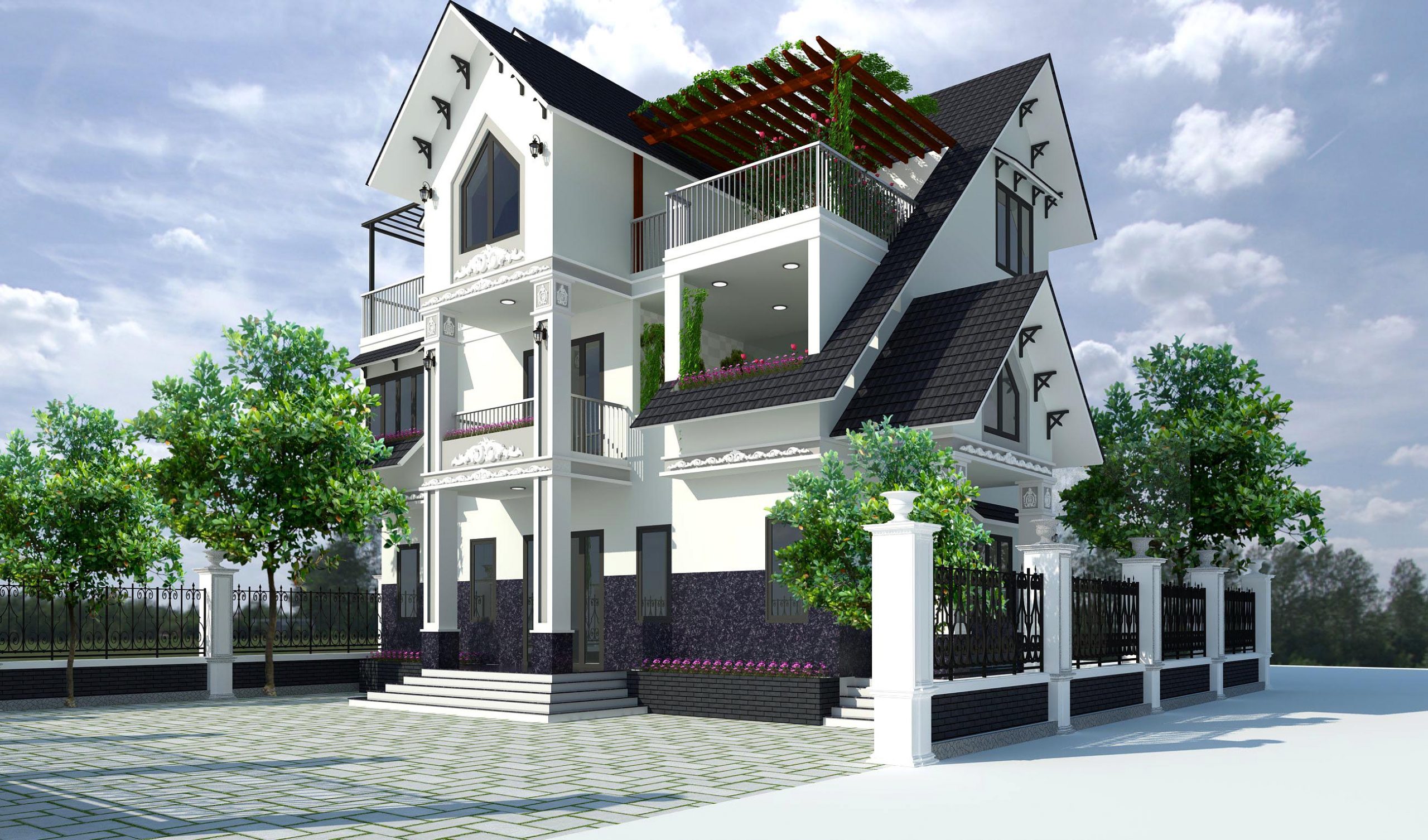 Thiết kế nhà 3 tầng mái Thái tân cổ điển