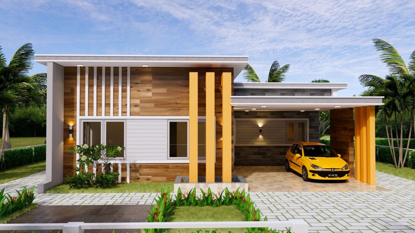 Mẫu nhà 1 tầng mái bằng tone nâu kết hợp tone nâu cũng những gam màu đơn giản khác cho căn nhà