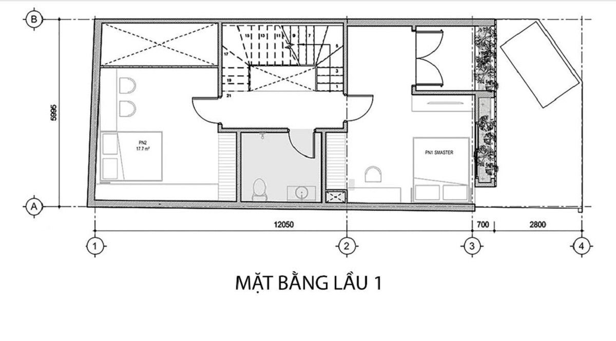 Mặt bằng tầng 1 thiết kế nhà 5x10m 2 tầng 3 phòng ngủ