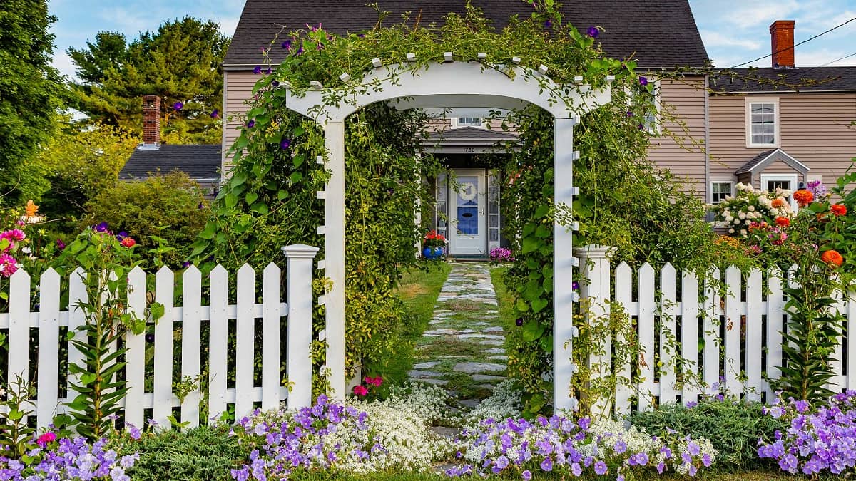 Mẫu cổng nhà vườn đẹp mái vòm có hoa