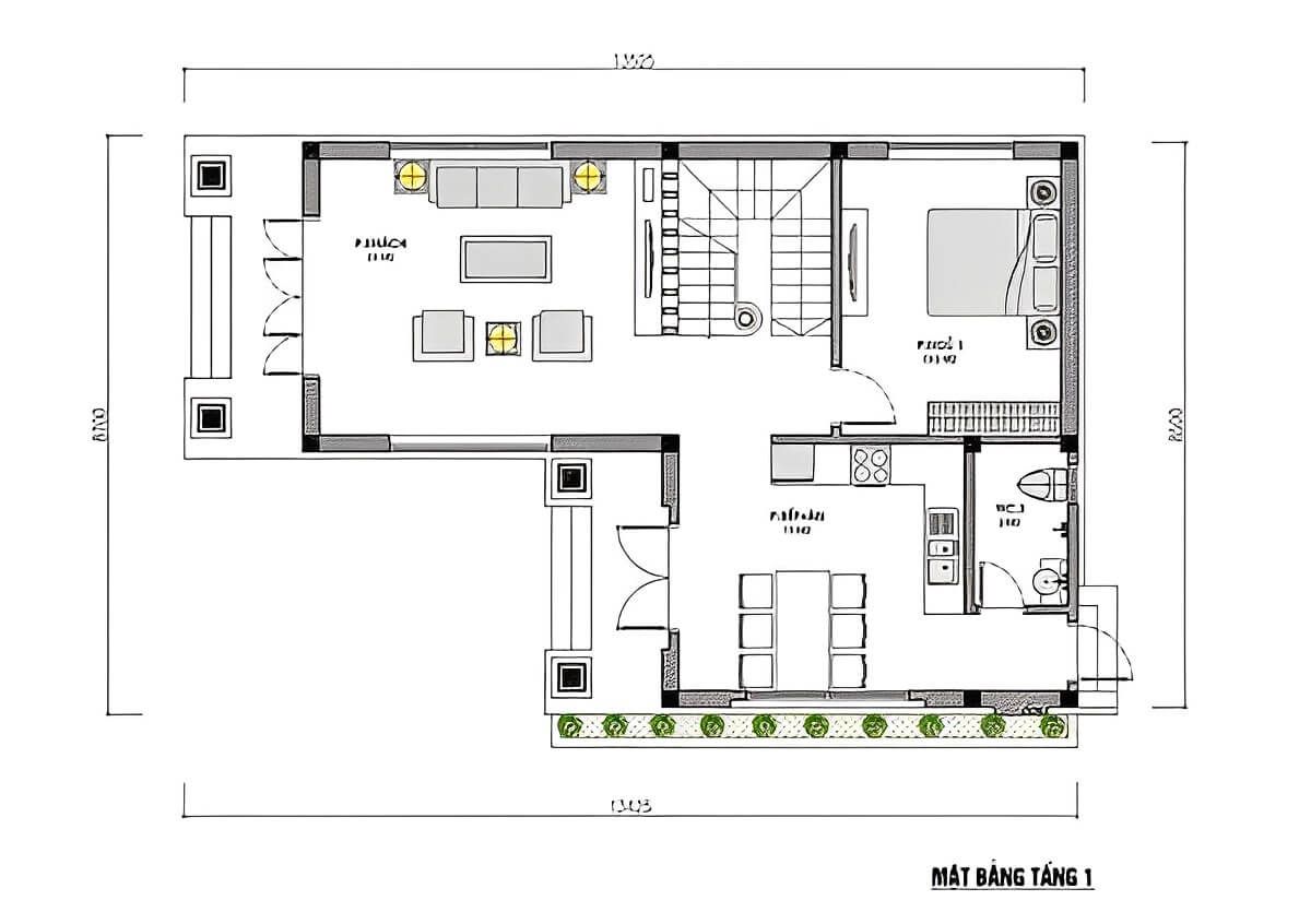 Bản vẽ  mẫu thiết kế mặt bằng tầng 1 của nhà chữ L 2 tầng 80m2 mái thái xanh