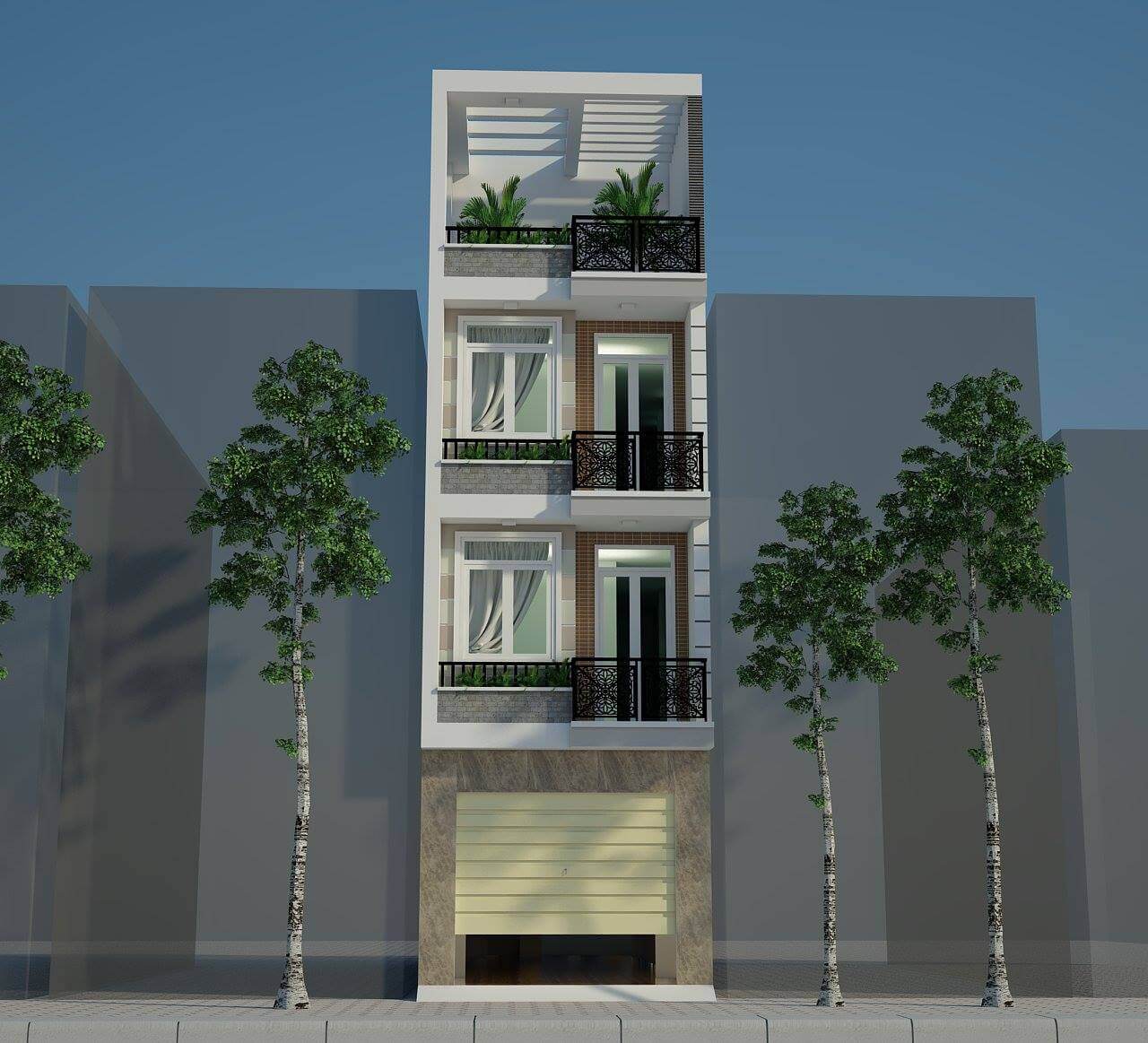 Mẫu thiết kế nhà 3x6 4 tầng với hệ thống cửa kính giúp mở rộng tầm nhìn