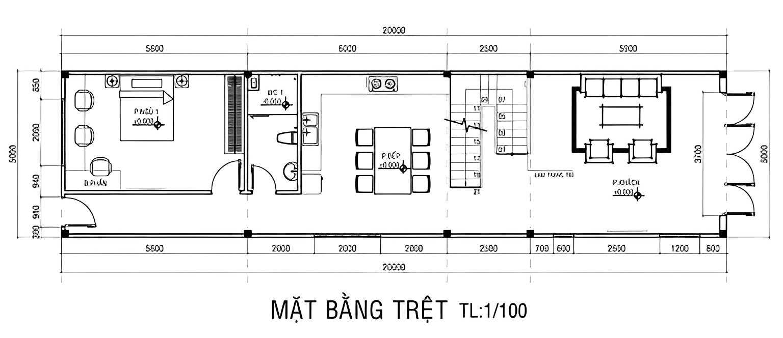 Bản vẽ thiết kế nhà ống 2 tầng 5x20m sang trọng ( mặt bằng tầng 1) 
