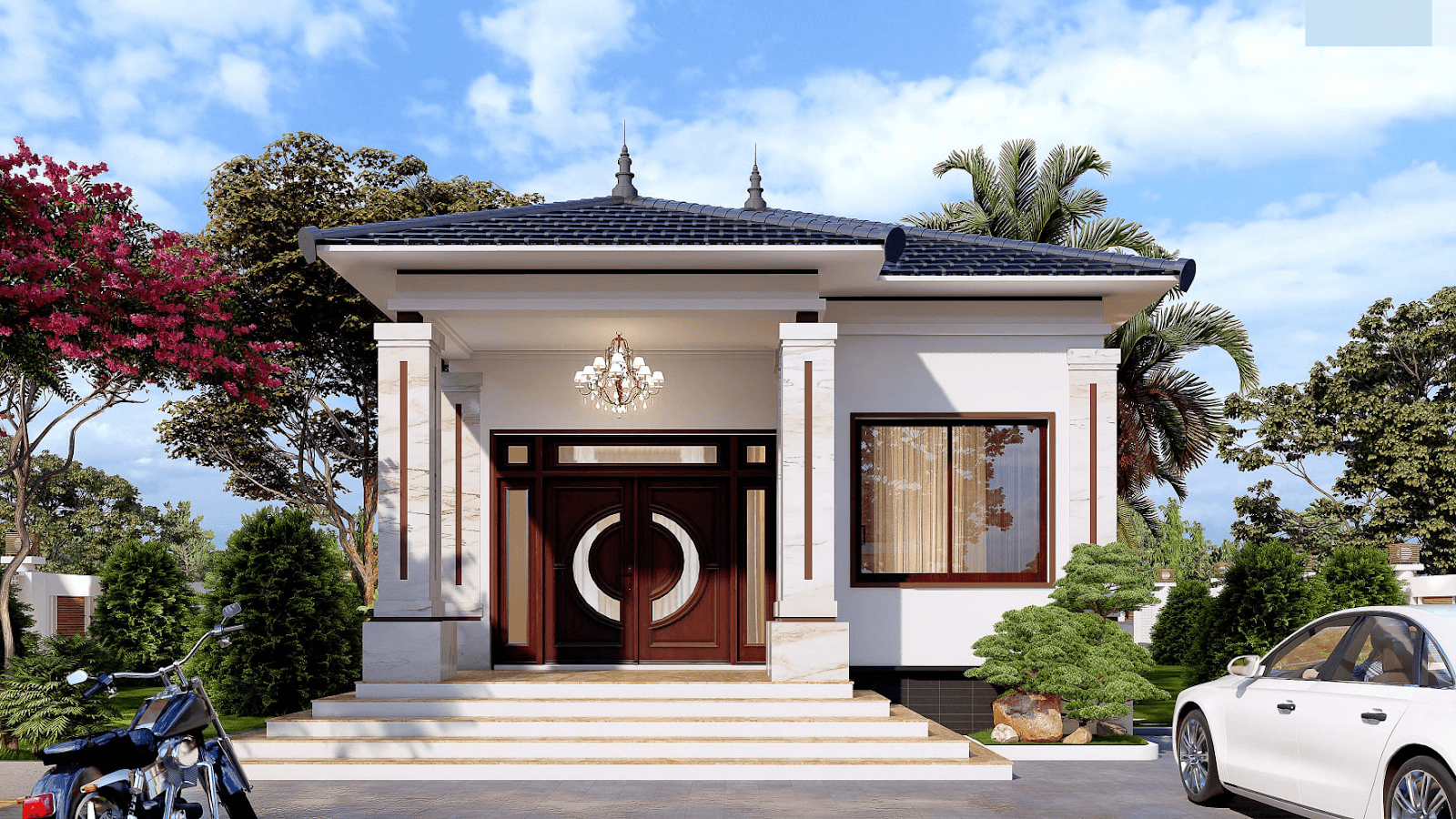 Mẫu thiết kế nhà ngang 8m 1 tầng phong cách tân cổ điển, mái Nhật hiện đại